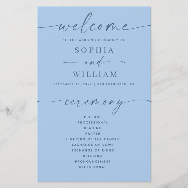 Programa de Casamento Azul Céu Pastel | Cerimônia  (Frente)