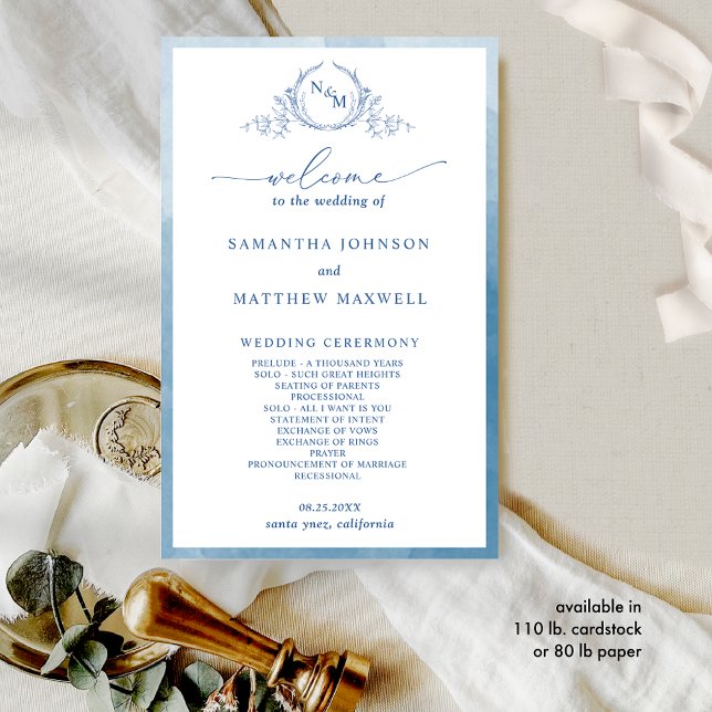 Programa de Casamento Azul do Monograma Elegante (Criador carregado)