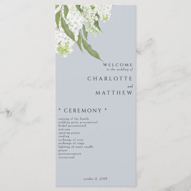 Programa de Casamento Azul Dusty Hydrangea Branca  (Frente)