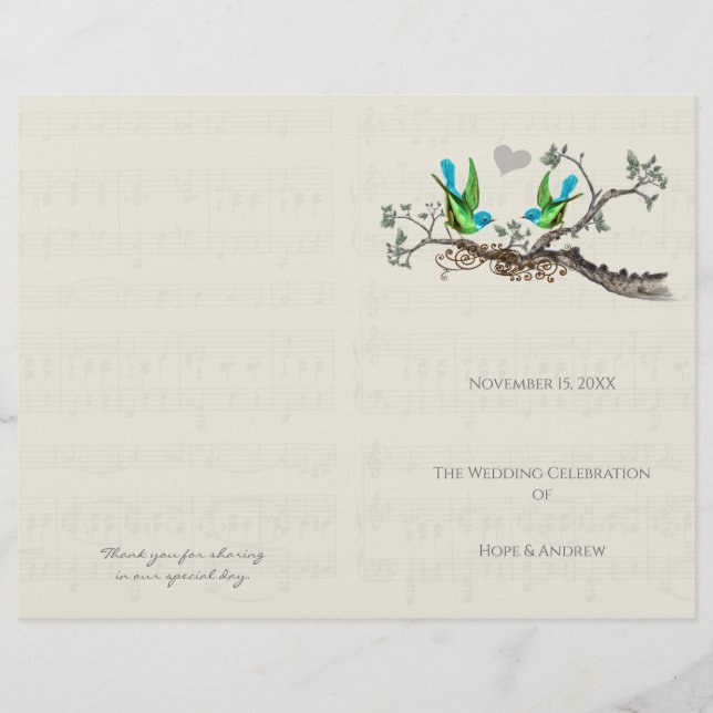 Programa de Casamento Azul e Verde de Pássaros Vin (Frente)