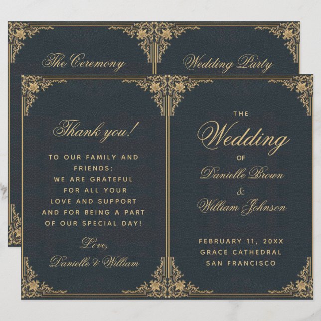 Programa de Casamento Azul Elegante Vintage Dourad (Frente/Verso)