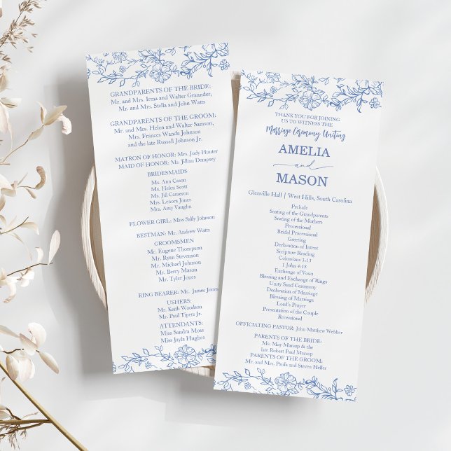 Programa de Casamento Azul Empoeirado Francês Eleg (Vintage Elegant French Blue Toile Inspired Wedding Program)