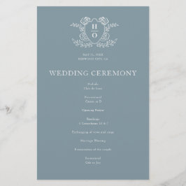 Programa de Casamento Azul Floral Monograma Crista