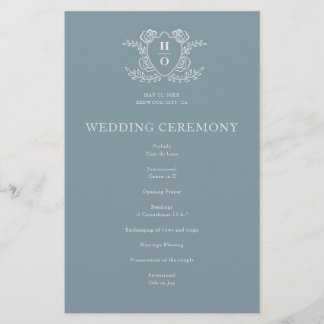 Programa de Casamento Azul Floral Monograma Crista