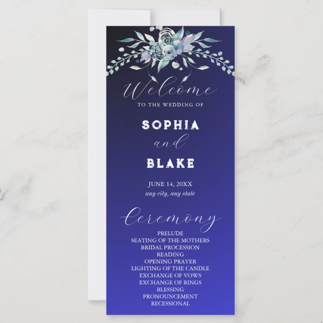 Programa de Casamento Azul Floral Verde e Azul Ele (Frente)