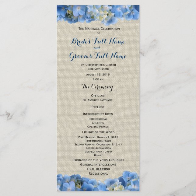 Programa de Casamento Azul Hydrangea e Burlap (Frente)