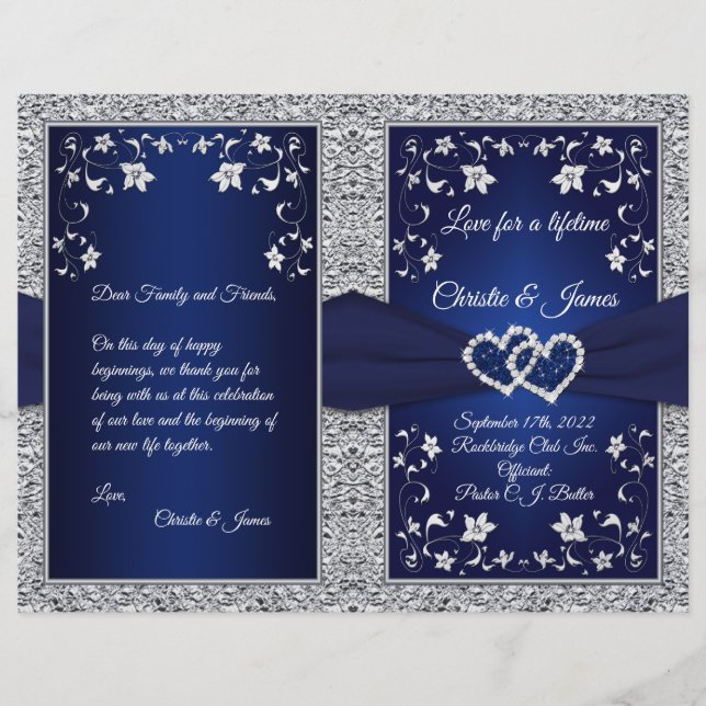 Programa de Casamento | Azul Marinho, Floral Prate (Frente)