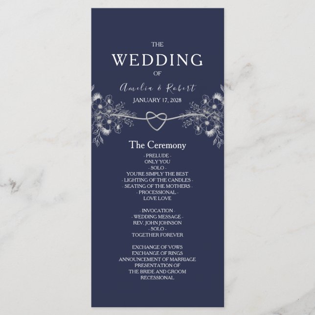 Programa de Casamento Azul Naval Elegante (Frente)