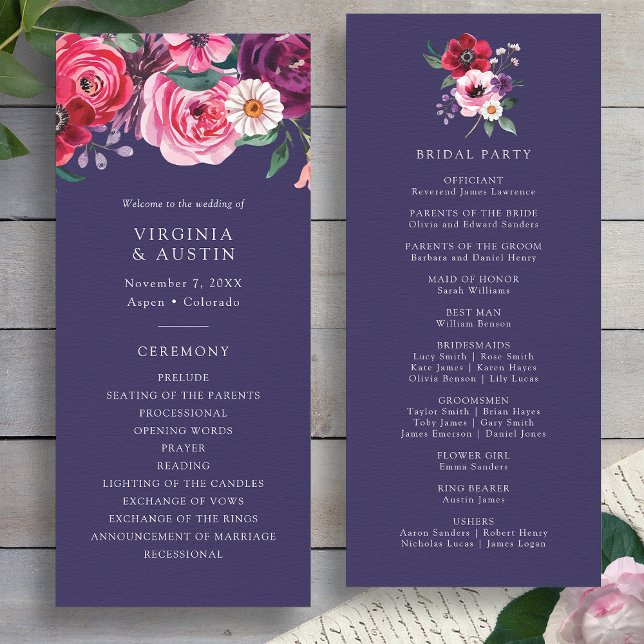 Programa de Casamento Azul Naval Floral (Watercolor Floral Navy Blue Wedding Program by Painted Paperie
)