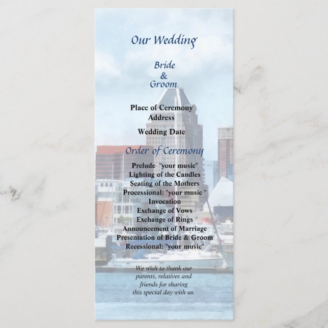 Programa de Casamento Baltimore Skyline e Harbor (Frente)