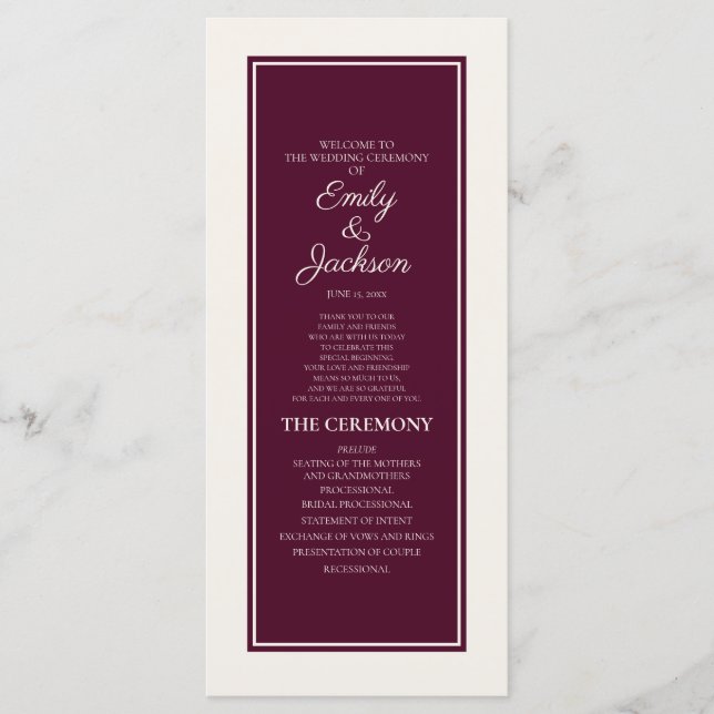 Programa de Casamento Bege Burgundy Moderno (Frente)