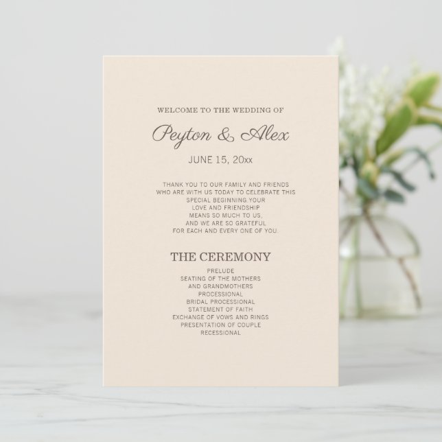 Programa de Casamento Bege Moderno Marrom (Em pé/Frente)