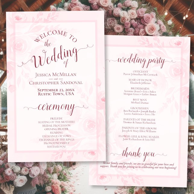Programa de Casamento Boho Chic Rosa com Peônias d (Front/Back)