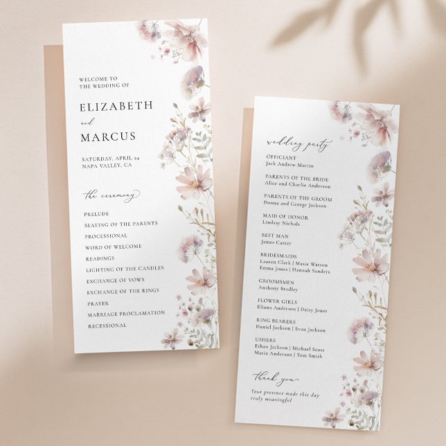 Programa de Casamento Boho Flor de Campo Rosa (Blush wildflower wedding program with elegant serif typography and soft floral design)