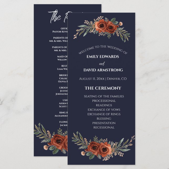 Programa de Casamento Boho Floral Terracota Azul M (Frente/Verso)