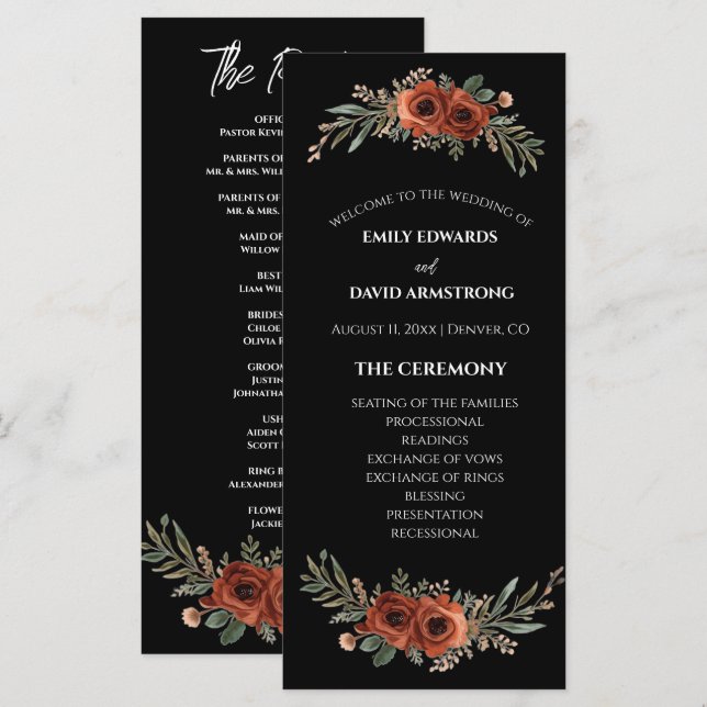 Programa de Casamento Boho Floral Terracota Mal-hu (Frente/Verso)