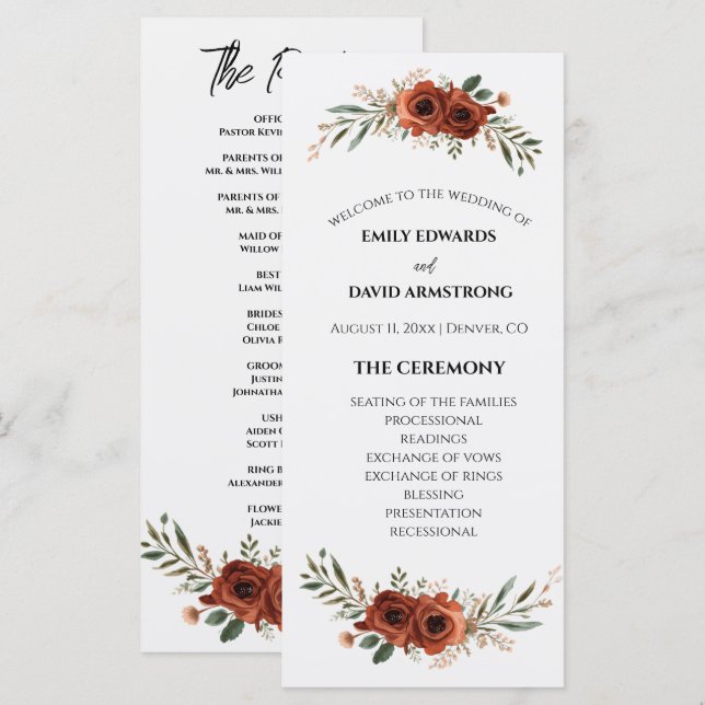 Programa de Casamento Boho Floral Terracota Mal-hu (Frente/Verso)