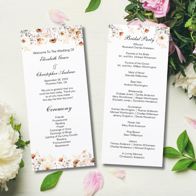 Programa de Casamento Boho Flores Silvestres Amare (Boho Wildflowers in Yellow Cream Beige Neutral Colors Wedding Program)