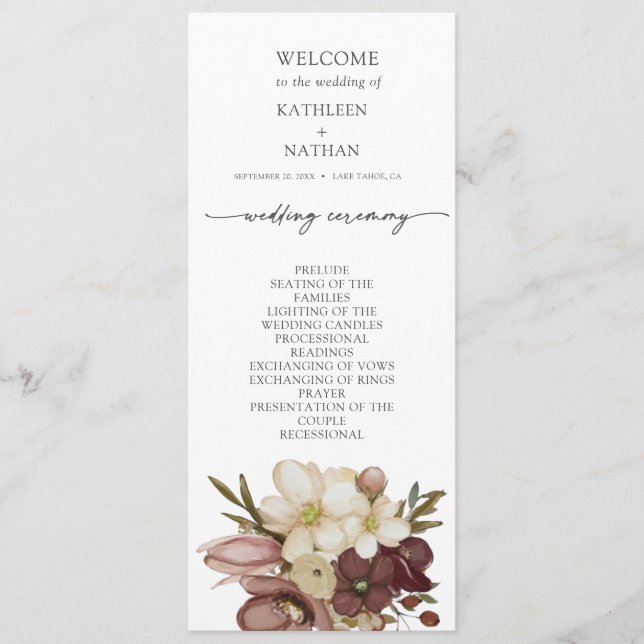 Programa de Casamento Boho Neutro em Aquarela (Frente)
