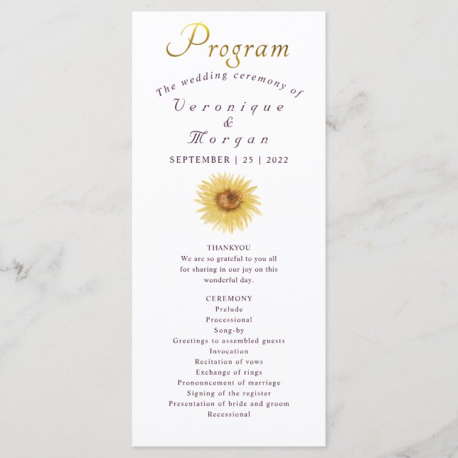 Programa de casamento Boho Sunflower gold script (Frente)