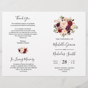 Programa de Casamento Borgonha Watercolor Floral,