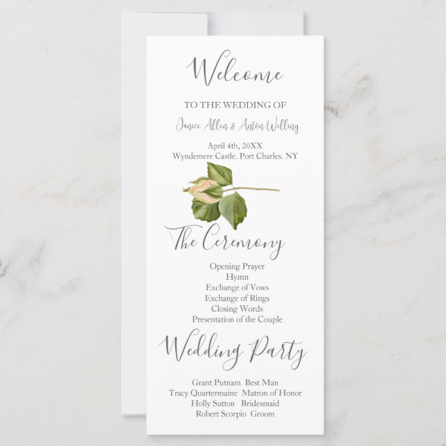 Programa de Casamento Botânico Cor-de-Rosa Esbranq (Frente)