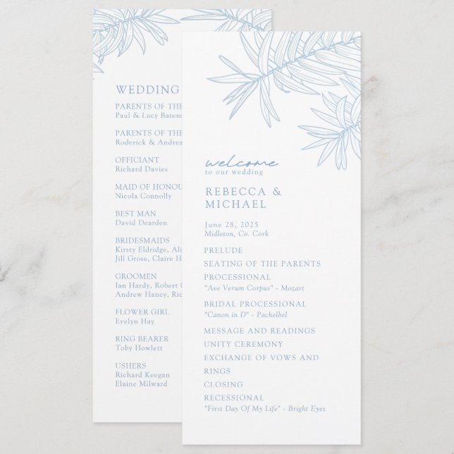 Programa de Casamento Botânico Elegante Azul Dusty (Frente/Verso)