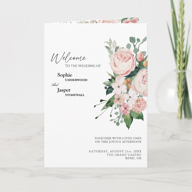Programa de Casamento Branco Blush Floral Dobrado (Frente)