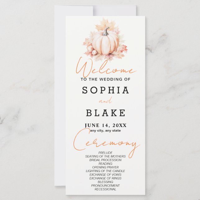 Programa de Casamento Branco com Abóbora e Folhas  (Frente)