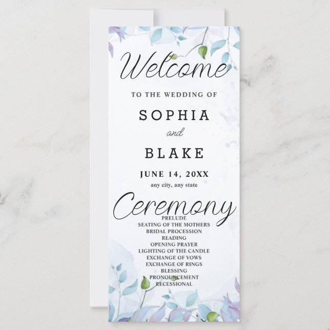 Programa de Casamento Branco com Folhas Azuis e Ro (Frente)