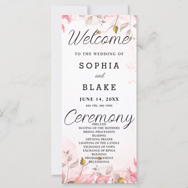 Programa de Casamento Branco com Folhas Rosas e Ve (Frente)