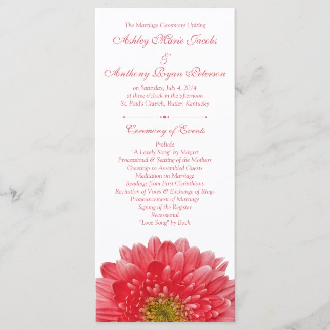 Programa de Casamento Branco Coral Gerbera Daisy (Frente)