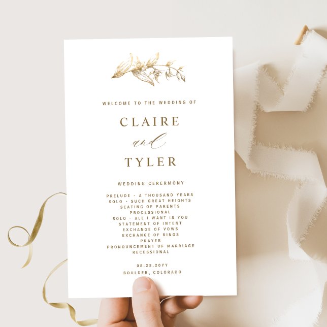 Programa de Casamento Branco e Dourado Elegante e  (Criador carregado)
