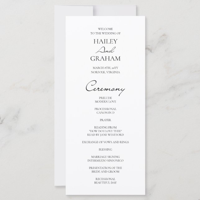 Programa de Casamento Branco Minimalista de Script (Frente)
