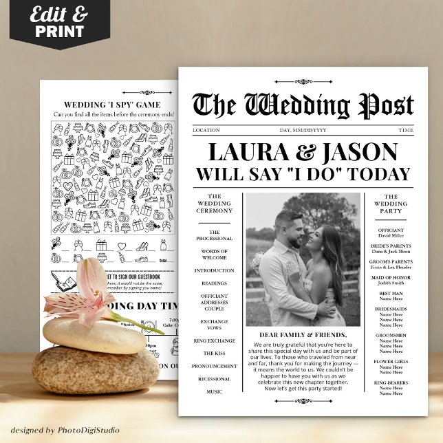 Programa de Casamento Branco Negro + Jornal de Lin (Black White Wedding Program + Timeline Newspaper)