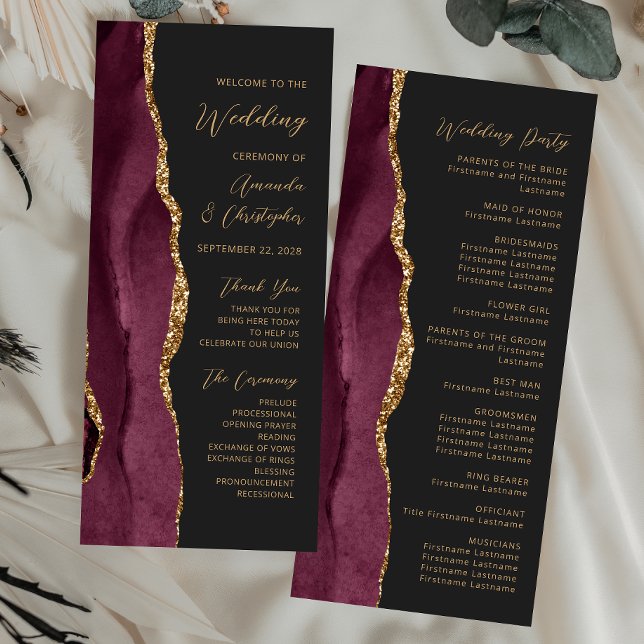 Programa de Casamento Burgundy Gold Agate Script D (Criador carregado)