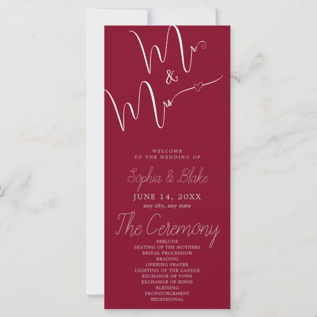 Programa de Casamento Burgundy Minimalista Sr & Sr (Frente)