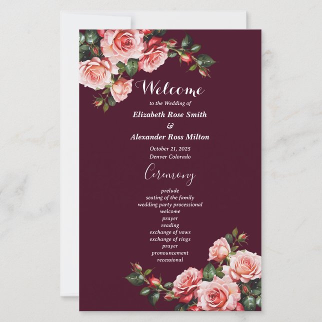 Programa de casamento Burgundy, rosas vermelhas ro (Frente)