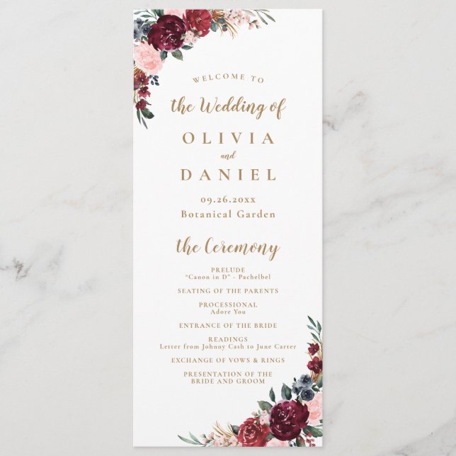 Programa de casamento Burgundy Watercolor (Frente)