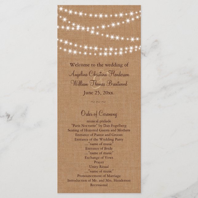 Programa de Casamento Burlap: Luzes Brilhantes (Frente)