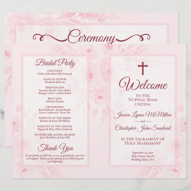 Programa de Casamento Católico Boho Rosa com Flore (Frente/Verso)