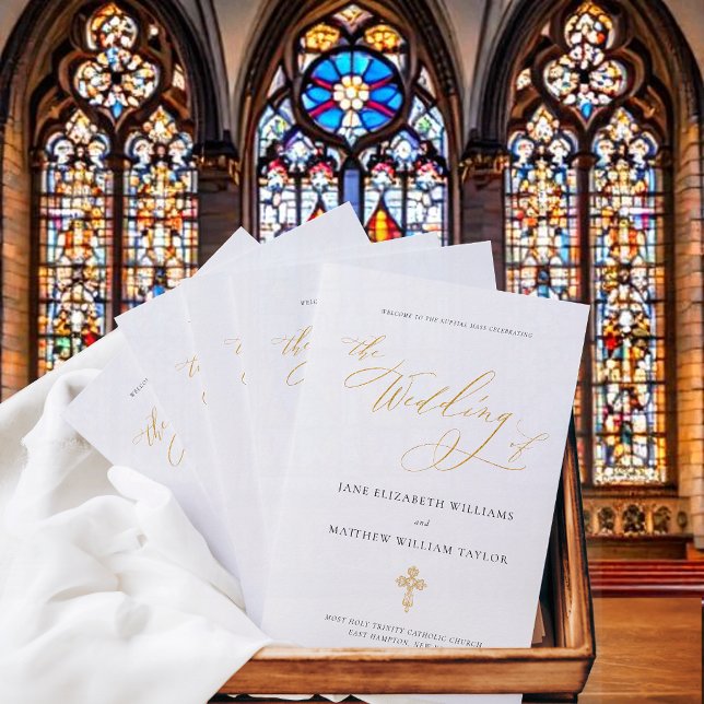 Programa de Casamento Católico de Missa Completa J (Simple Catholic wedding program for full mass with  elegant gold, calligraphy script and cross)