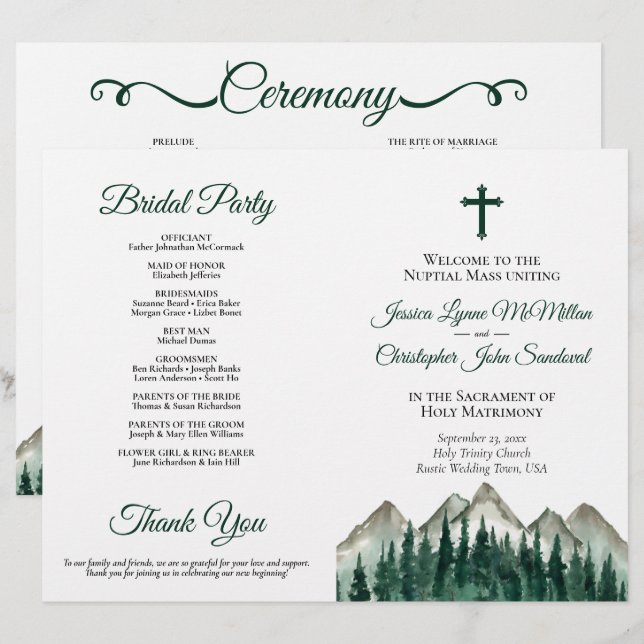 Programa de Casamento Católico DIY Montanhas & Pin (Frente/Verso)