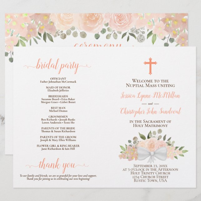 Programa de Casamento Católico DIY Peach Boho Rose (Frente/Verso)
