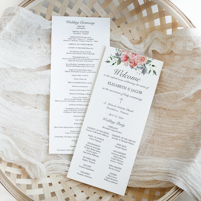 Programa de Casamento Católico Elizabeth com Missa (ELizabeth, classic, elegant Catholic wedding program with full mass with pink watercolor flowers)