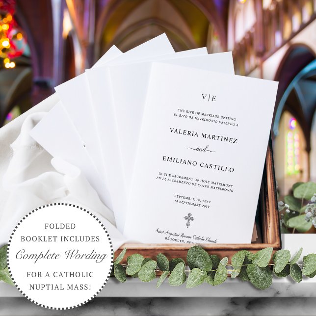 Programa de Casamento Católico para Inglês Bilíngu (Elegant, simple, bilingual, Spanish-English, folded Catholic wedding program )
