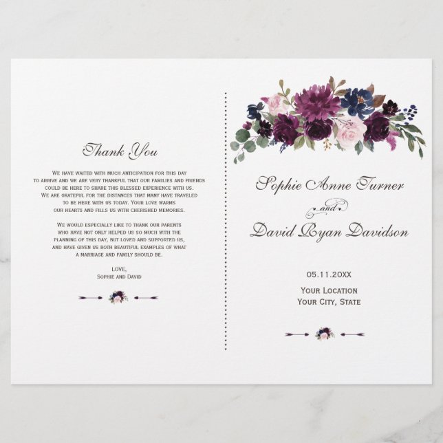Programa de Casamento Charm Lavender Navy Floral B (Frente)