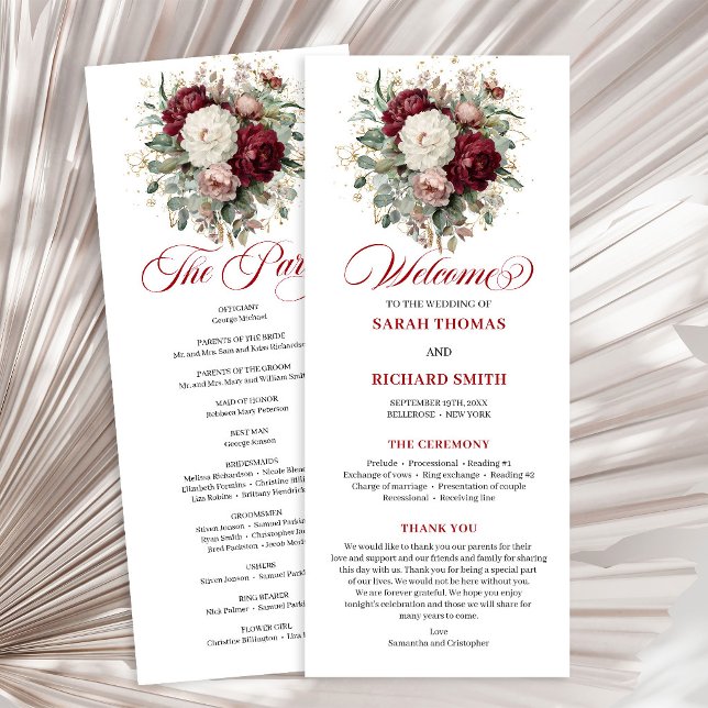 Programa de Casamento Charmoso Bege Burgundy Doura (Charming Blush Burgundy Gold Wedding Program)