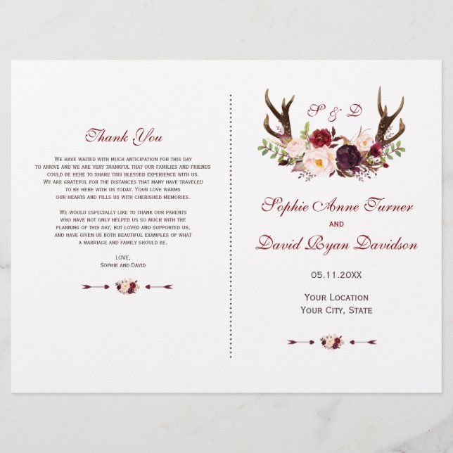 Programa de Casamento Chic Burgundy Blush Floral A (Frente)