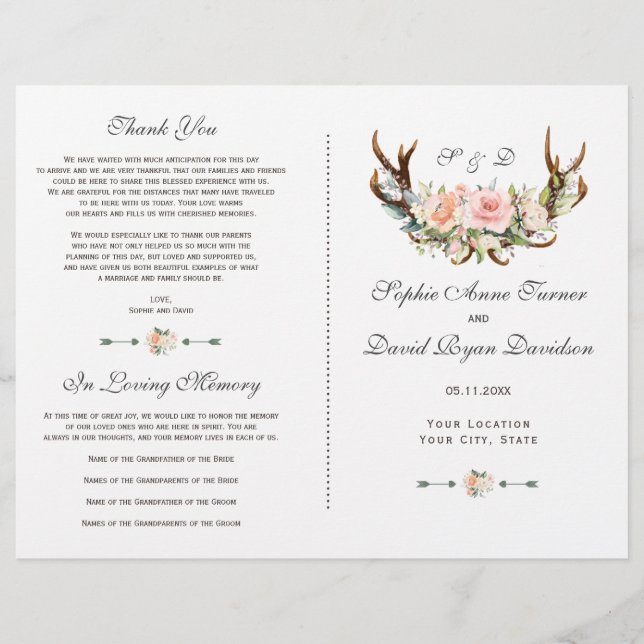 Programa de Casamento Chic Rosa Antílope Floral (Frente)